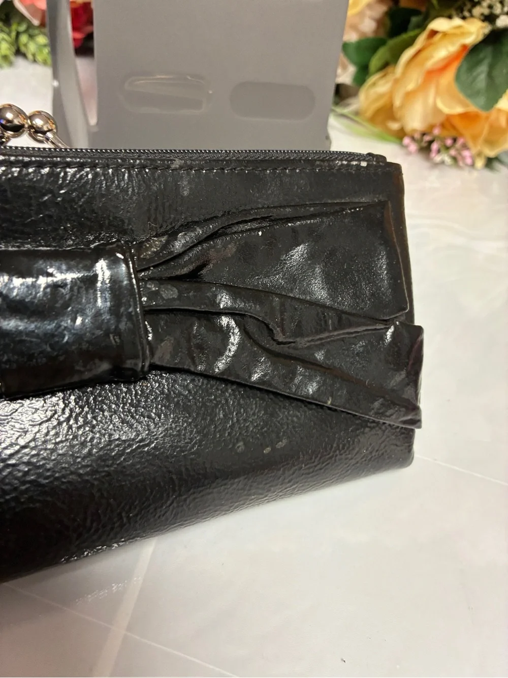 HOBO International Black Patent Finish Bow Kiss Lock Continental Wallet Clutch